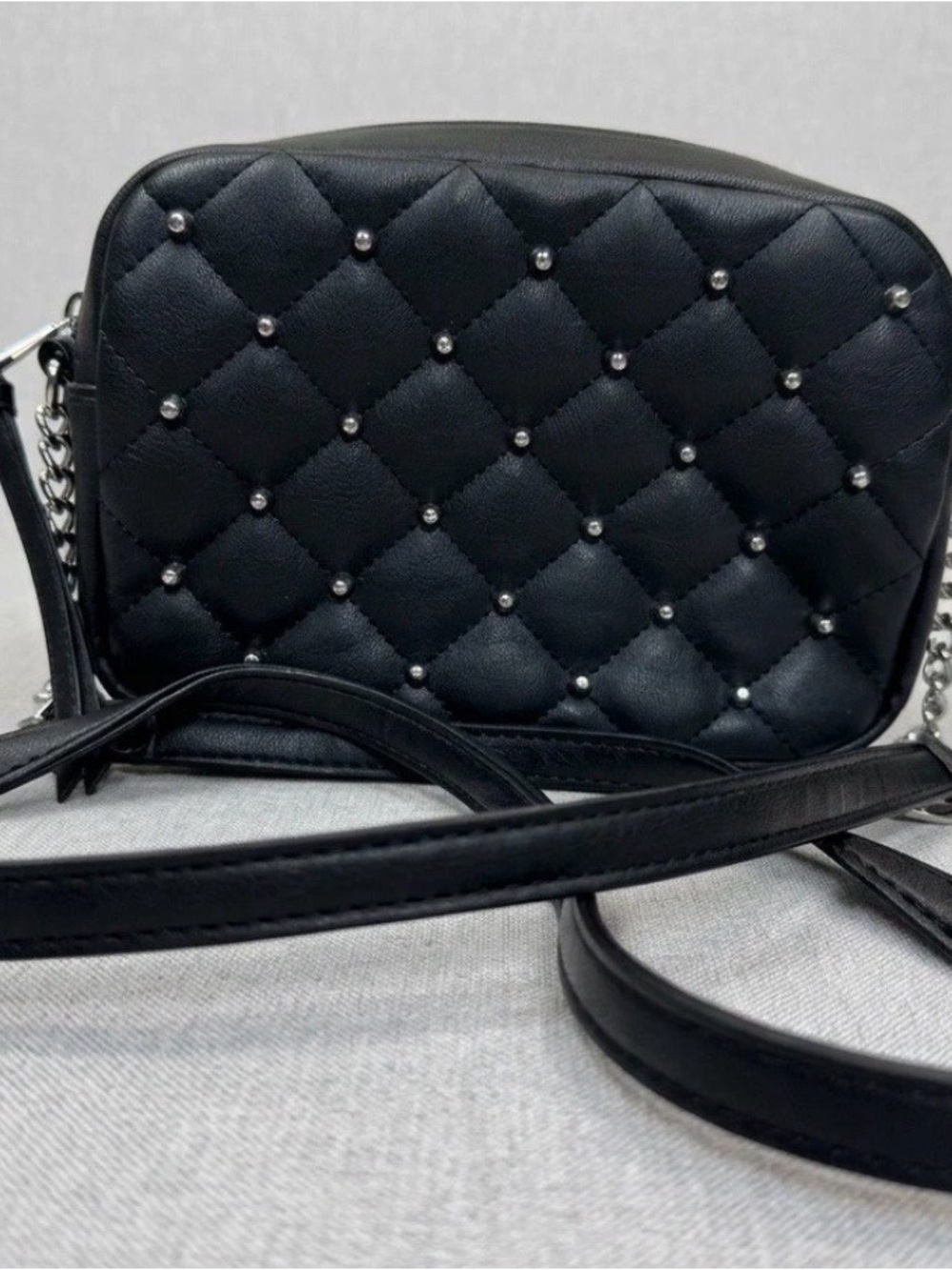 NWT Rebecca Minkoff Black Quilted Studded Crossbody Bag Silver Chain